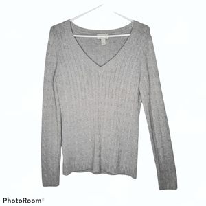 Loft V-Neck Cable Knit Gray Sweater Long Sleeve Rabbit Hair Womens Size Medium